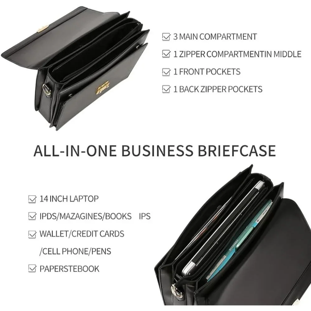 Men's Black Leather Locking Briefcases Laptop Bag